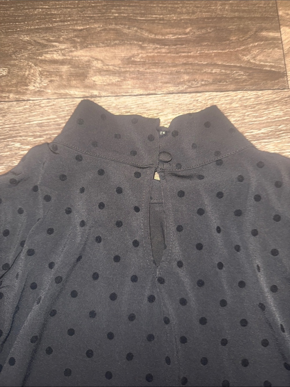 Eva Franco Black Polka Dot Mock Neck Top with Sheer Patterned Sleeves - Picture 6 of 14